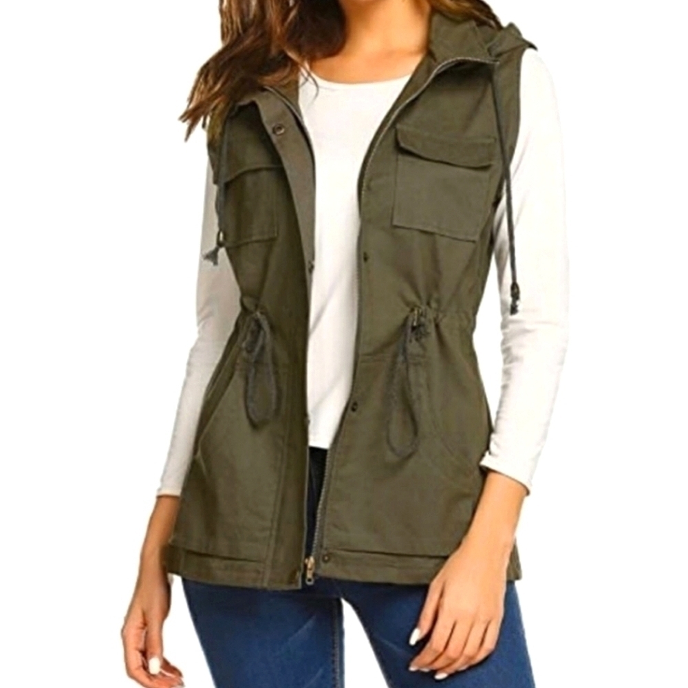 Love Tree Utility Vest Hood  Sleeveless Zip-Up Snap Pockets Drawstring Waist